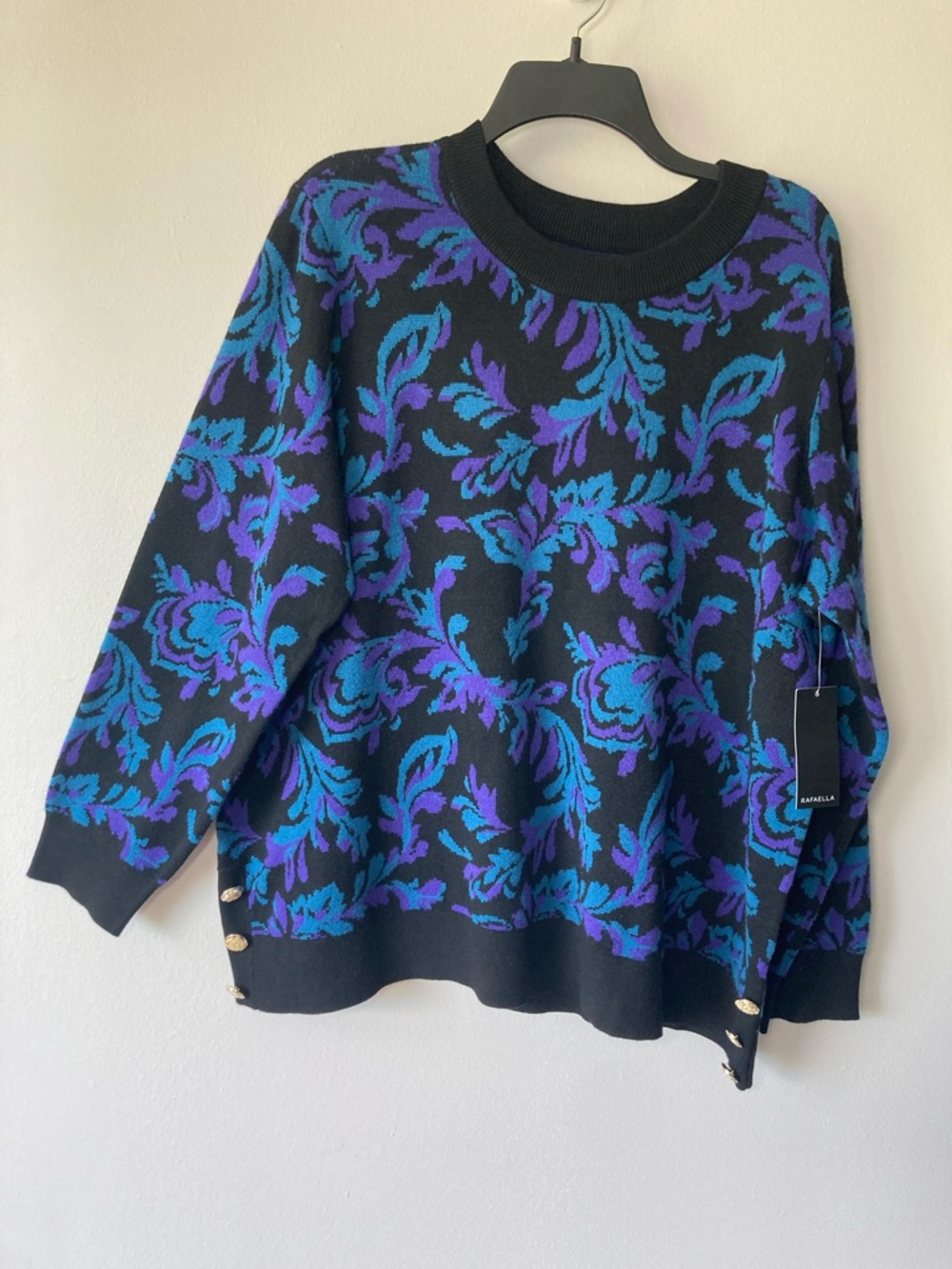 Rafaella crewneck sweater retro abstract print gold tone retro button accents 3X